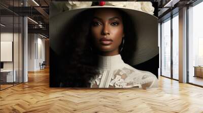 Portrait of sensual and elegant black woman with white hat. Radiant black beauty with unparalleled detail and clarity. Closeup portrait of a fashion model posing at studio. Wall mural