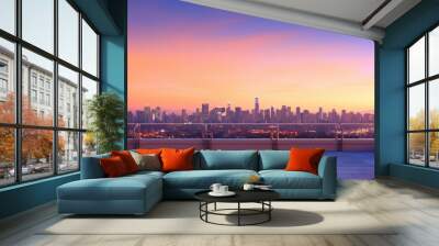 Stunning views of the city skyline from the rooftop terrace. Panoramic view on luxury penthouse roof at colorful sunset. View of buildings in front of the big city at sunset. Generative AI Wall mural