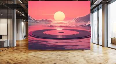 Surreal landscape illustration with a giant vinyl record player in the ocean. Fantasy landscape with vinyl record player in the ocean and waters in sound waves. Wall mural