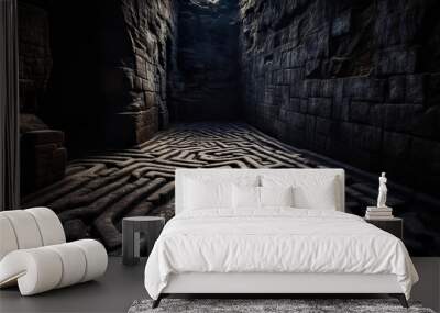 Tangled maze in dark background. Render of a labyrinth in the middle of a green forest. The labyrinth in a dark stone wall. Realistic 3D illustration. Generative AI Wall mural