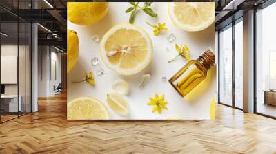 composition with essential oil, lemon and fresh flowers on light background Wall mural