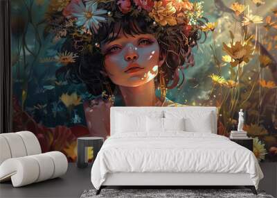 portrait of a beautiful woman with colorful flowers. Wall mural