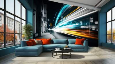 abstract long exposure dynamic speed light trails in an urban environment. Generative AI Wall mural