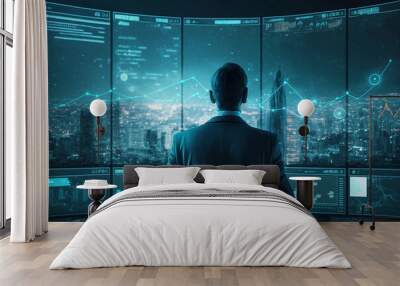 Finance trade manager analyzing stock market indicators for best investment strategy, financial data, and charts with business buildings in the background, futuristic style. Generative AI Wall mural