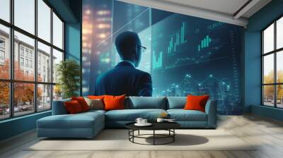 Finance trade manager analyzing stock market indicators for best investment strategy, financial data, and charts with business buildings in the background, futuristic style. Generative AI Wall mural