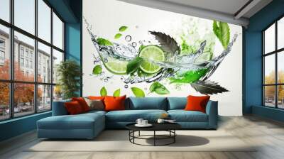 Water splash on white background with lime slices, mint leaves, and ice cubes as a concept for summertime libations. Generative AI Wall mural