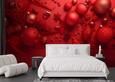 Christmas red background with toys Wall mural