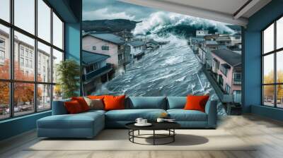 Huge tsunami water big waves on street with houses background Wall mural