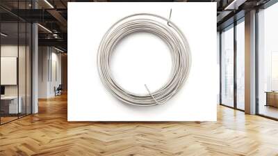 Coil of stainless steel wire isolated on white background.  Stack of stainless steel metal wire top view. Wall mural