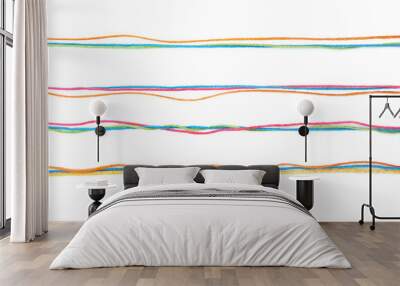 Set of colorful lines of cotton thread  isolated on white background. Different color pink, green, yellow, blue orange thread mix. Wall mural