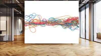 Tangled colorful cotton threads isolated on white background. Abstract thread lines chaos pattern. Wall mural