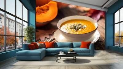 Pumpkin cream soup on wooden table .Homemade Autumn Butternut Squash Soup Wall mural