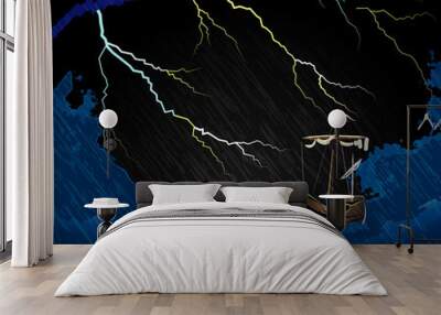 Ship in the storm on the waves in the sea and lightning Wall mural