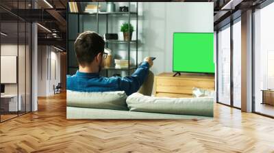 Rear of Caucasian young guy watching TV with chroma key resting on sofa sitting in living room in house. Man watch film on television with green screen sitting on couch in apartment, leisure Wall mural