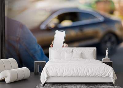 Young business man with phone in car. Man holding smartphone with blank screen . Wall mural