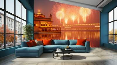 A breathtaking Diwali celebration at the Golden Temple, illuminated by colorful fireworks and floating lights, capturing the essence of joy and tradition. Wall mural