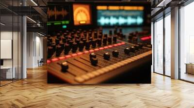 A close-up of a professional audio mixing console, showcasing vibrant LED lights and meters. Ideal for music production, sound design, and audio engineering projects. Wall mural