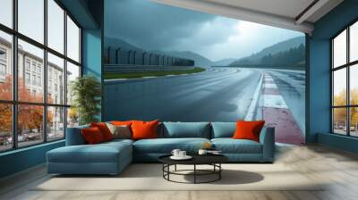 A dynamic image of a wet racetrack under cloudy skies, perfect for automotive, sports, or event promotions conveying speed, performance, and endurance. Wall mural