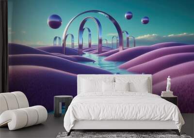 A surreal landscape featuring colorful hills, reflective spheres, and arches over a tranquil water surface, perfect for futuristic and imaginative design projects. Wall mural