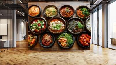 A vibrant spread of assorted dishes in traditional bowls, showcasing diverse ingredients and colors, perfect for food photography and culinary presentations. Wall mural