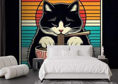 A whimsical illustration of a cat enjoying a bowl of noodles, featuring vibrant retro colors and a playful vibe perfect for food-themed designs or pet-related products. Wall mural