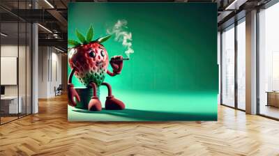 Anthropomorphic strawberry character smoking cannabis, against a vibrant emerald green background. Wall mural