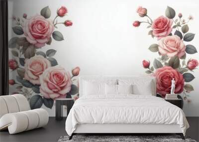 Beautiful floral frame featuring soft pink roses and greenery, perfect for invitations, greeting cards, or wedding stationery designs. Wall mural