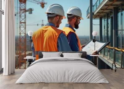 Construction workers in safety gear reviewing building plans at a high-rise site, showcasing teamwork and project management in the construction industry. Wall mural