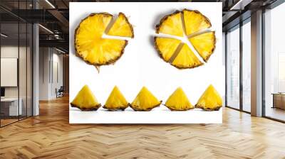 Slice of juicy pineapple in shape of circle pie chart graph. Sector segments. Business parts concept. Isolated white backrgound. Collection. Wall mural