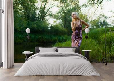 Blond Summer Girl in a forest river Wall mural