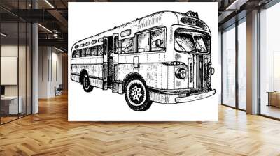 Hand drawn vintage retro city bus, doodle sketch graphics monochrome tracing vector illustration on white background Wall mural