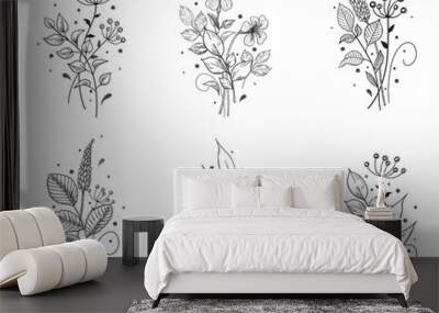 Hand Drawn Floral Set with Flowers and Leaves Bunches Wall mural