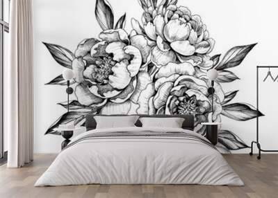 Hand drawn Peony Flowers with Leaves Wall mural