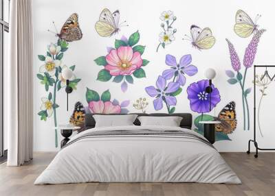 Hand Drawn Wild Flowers  and Butterflies Set Wall mural