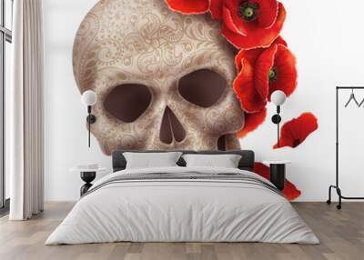 Human skull and poppy flowers. Wall mural