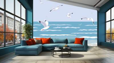 Nature Background with Sea, Waves, Beach and Flying Seagulls. Wall mural