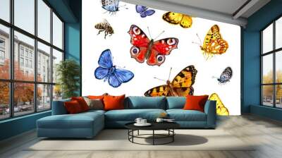 Watercolor set of butterflies and bees. Wall mural