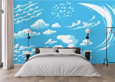 Set cartoon clouds in blue panorama sky. Isolated vector illustration. Wall mural