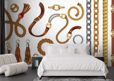 Set with belts and gold and silver chains, fringe for fabric design, wallpapers, prints. Isolated vector illustration with metallic accessories. Wall mural