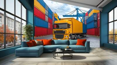 Cargo Freight Trucks in an Industrial Environment, Trailer Container Truck Wall mural