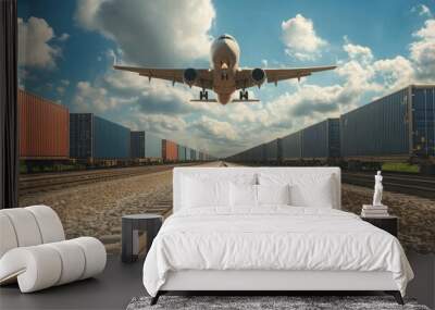 Cargo Plane Flying Above Container Trains on Railway Tracks Wall mural