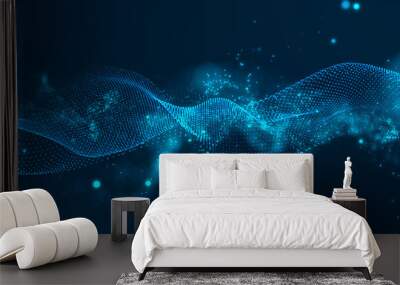 Futuristic point wave. Cyber big data flow. Blockchain data fields. Network line connect stream. Big data technology. Concept of AI technology, digital communication. 3d rendering Wall mural