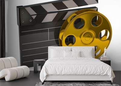 Movie clapper board and golden film reel Wall mural