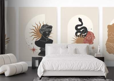 Ancient poster. bundle with sign and symbols. Antique aesthetics statues of mystical god, olive branches, plants, hands, stars, ruined columns, horse. Greek statues in modern style Wall mural