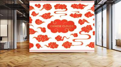 Asian cloud red set. Traditional cloudy ornaments in chinese, korean and japanese oriental style.  Set of vector decoration retro elements. Sky collection isolated on white background. Wall mural