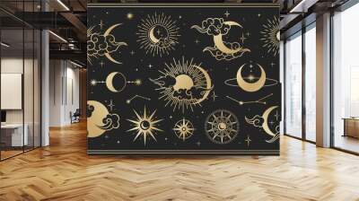 Asian set with clouds, moon, sun and  stars . Vector collection in oriental chinese, japanese, korean style. Line hand drawn illustration isolated on black background. Retro elements set. Wall mural