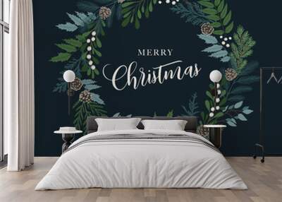 Christmas wreath with holly berries, mistletoe, pine and fir branches, cones, rowan berries. Xmas and happy new year postcard. Vector illustration, holiday invitation Wall mural