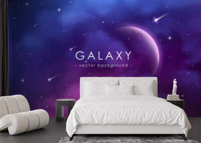 Cosmos background with realistic stardust, nebula, moon and shining stars. Colorful galaxy backdrop. Space vector illustration. Starry night, infinite universe, milky way. Wall mural