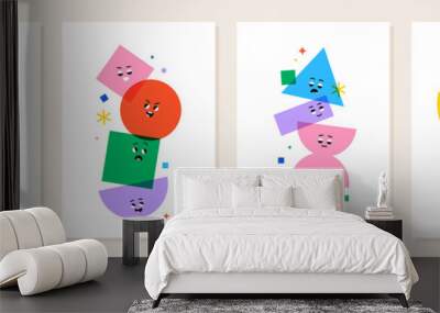 Cute cartoon geometric figures with different face emotions, funny poster idea for kids. Colorful characters, trendy vector illustrations, basic various figures for children education. Wall mural