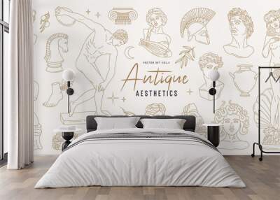 Isolated greek statues in modern style. Linear set antique aesthetic statues of mystical god, olive branches, hands, stars, columns, horse and pottery. Creative silhouette for poster design, wall Wall mural